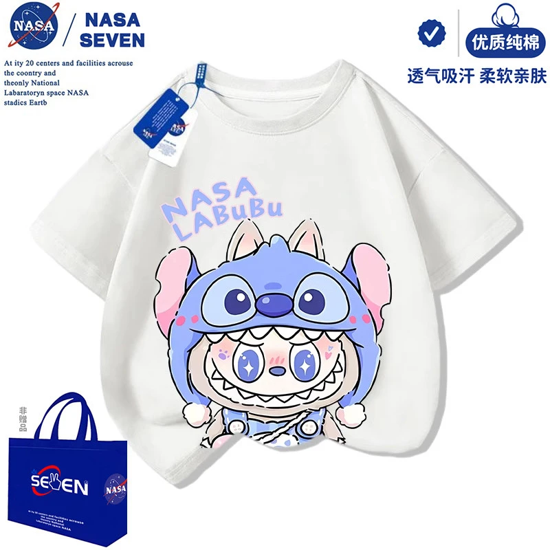 NASA拉布布labubu纯棉短袖男女童夏季新款卡通T恤百搭休闲装上衣