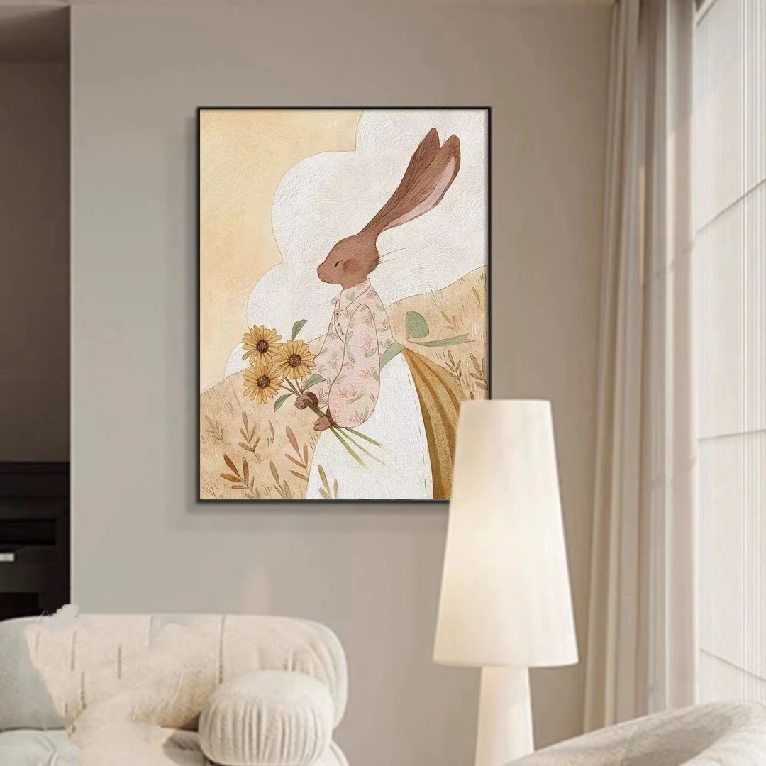 奶油风客厅装饰画现代简约中古风兔子挂画沙发背景墙落地画S17