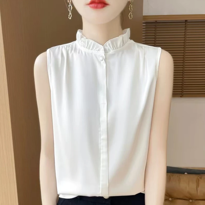 时尚花边背心女打底衬衫宽松内搭西装夏季无袖洋气木耳边吊带上衣