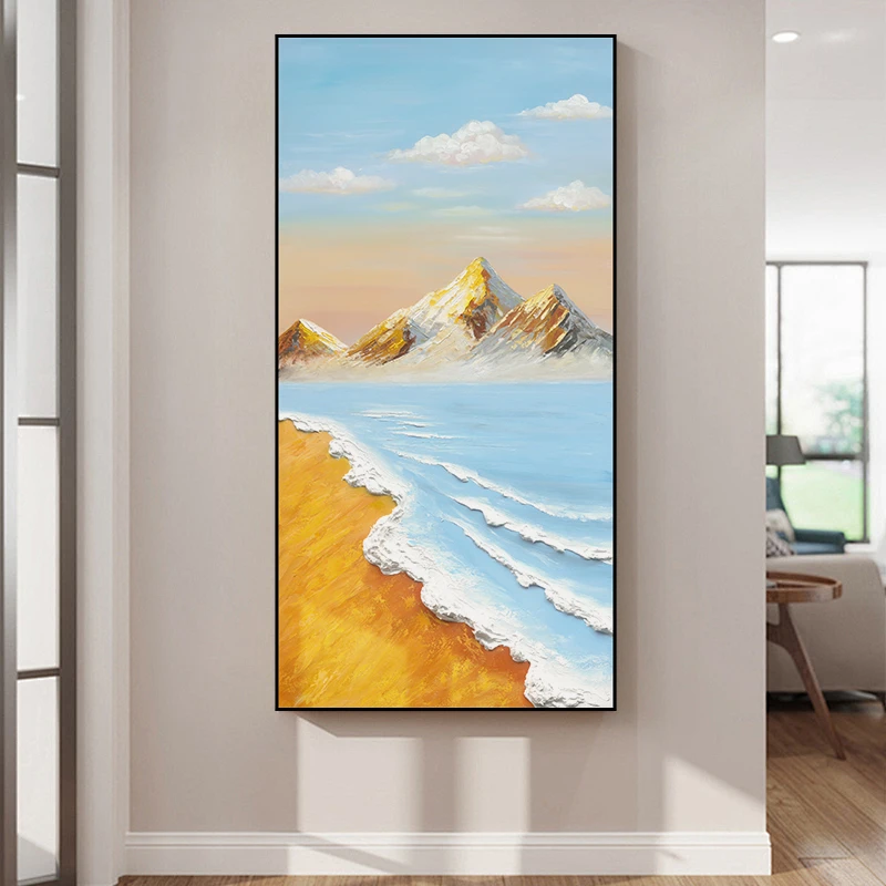 现代简约风手工金山海浪油画客厅玄关装饰画