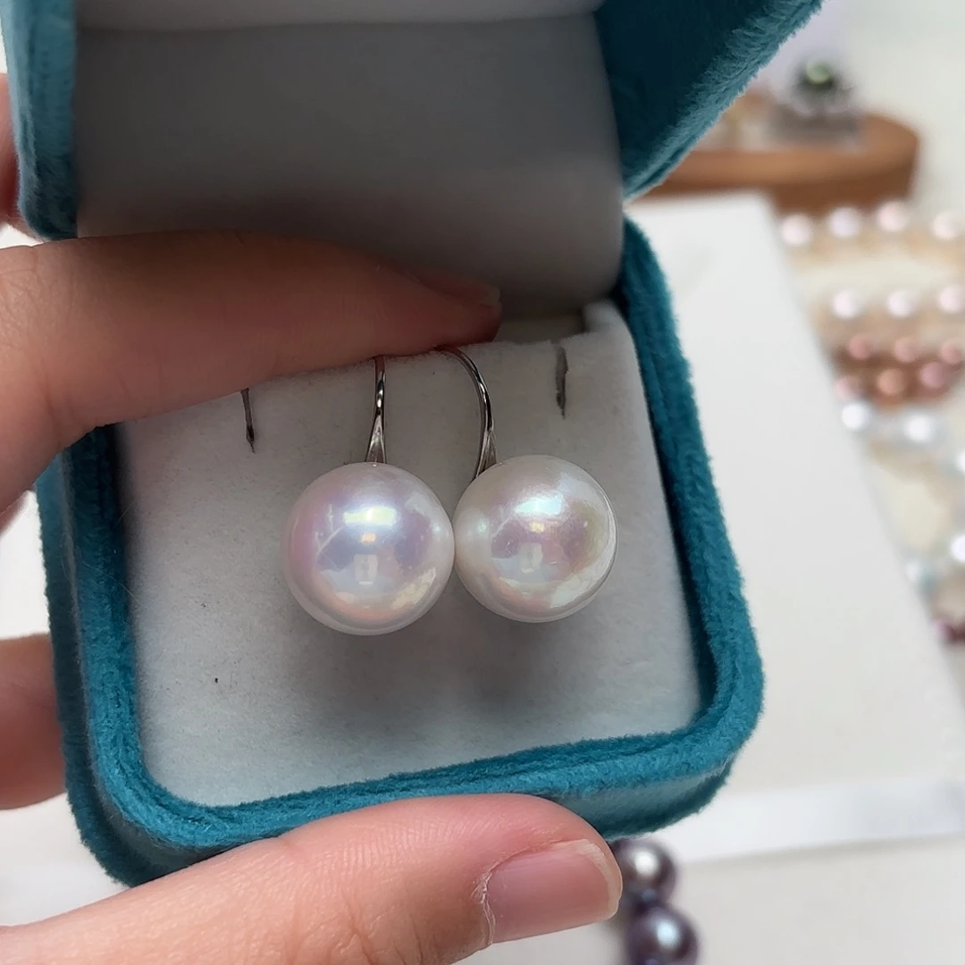 淡水珍珠银S925镶嵌耳饰14-15正圆