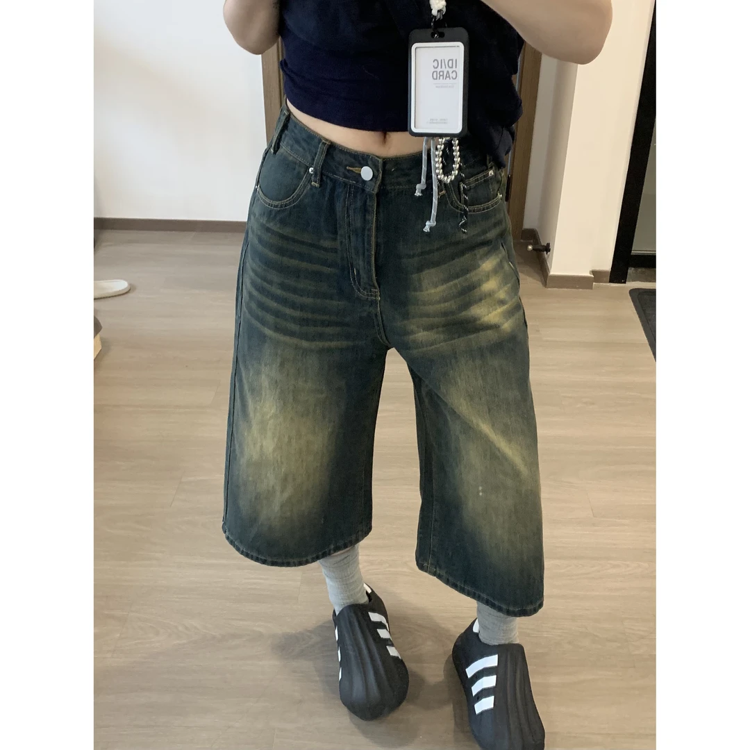 美式高街七分牛仔短裤女夏季新款做旧宽松阔腿显瘦百搭直筒中裤子