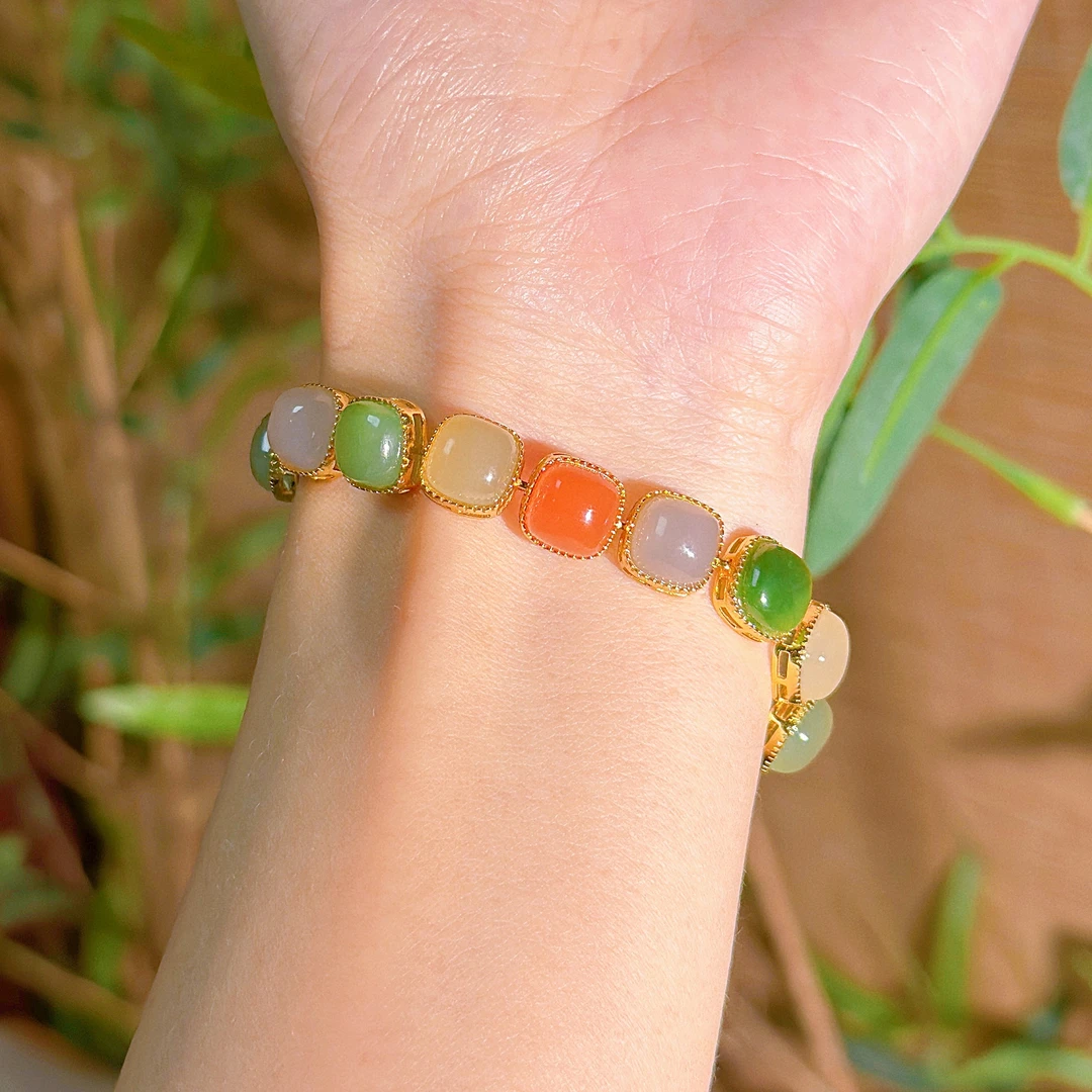 8006天然和田玉多宝手链南红魔方百搭碧玉藕粉925银多样性发其一