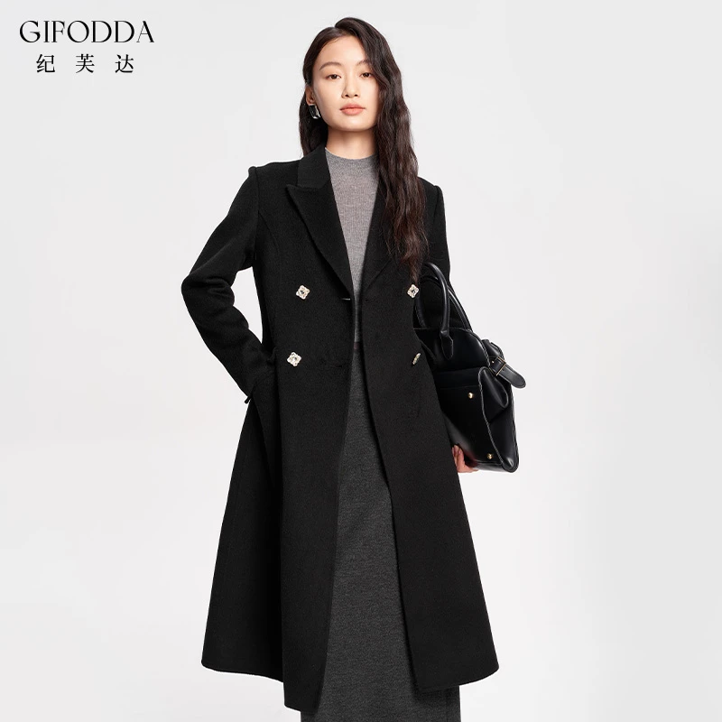 GIFODDA/纪芙达100%绵羊毛羊绒长款修身显瘦西装领大衣毛呢外套女