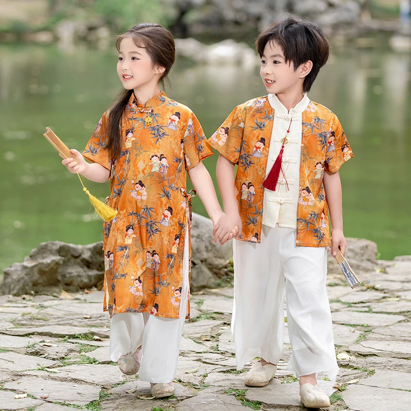 汉服男童夏装新中式唐装儿童演出服夏季女童古装幼儿园六一表演服