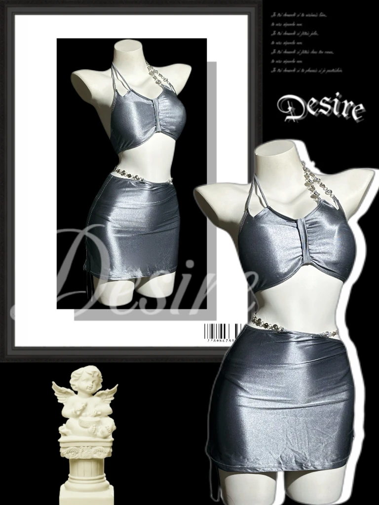 【Desire】《Fantasy》性感高级银色带胸垫分体式三件套DJBgo温泉度假