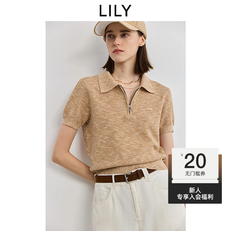 【一秒入夏】LILY2025夏新款简约拉链POLO领短款针织衫125219TK953