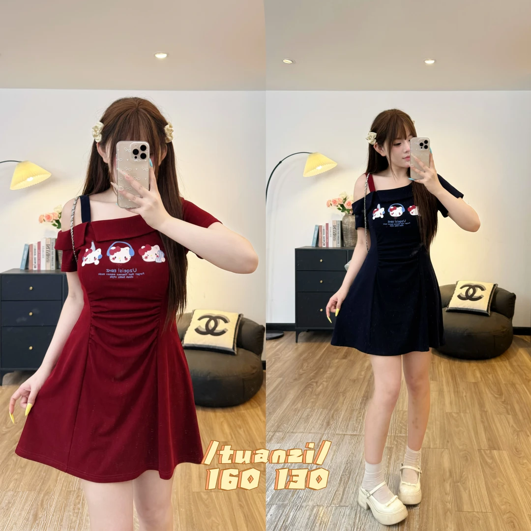 【Kitty公主】9938胖mm大码纯欲露肩短裙夏季显瘦辣妹斜肩连衣裙