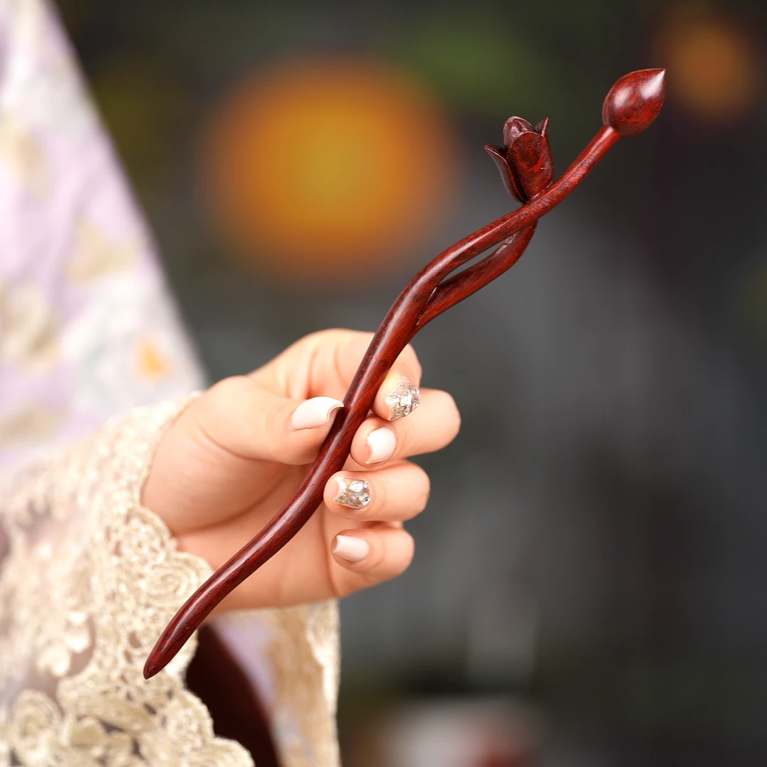 全手工立体簪子新中式古风原创玉兰檀木发簪女高级感精致手作礼物