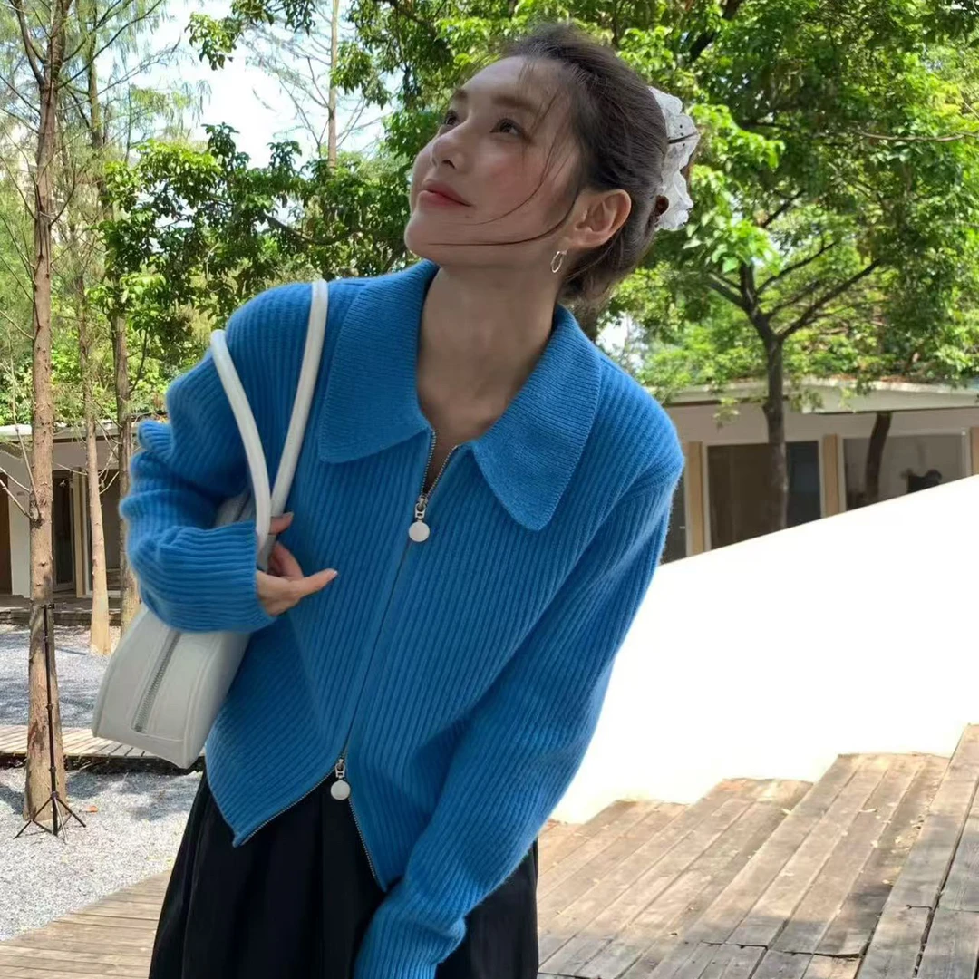 毛衣外套女2025秋季穿搭美拉蓝针织开衫宽松显瘦外穿翻领上衣4656