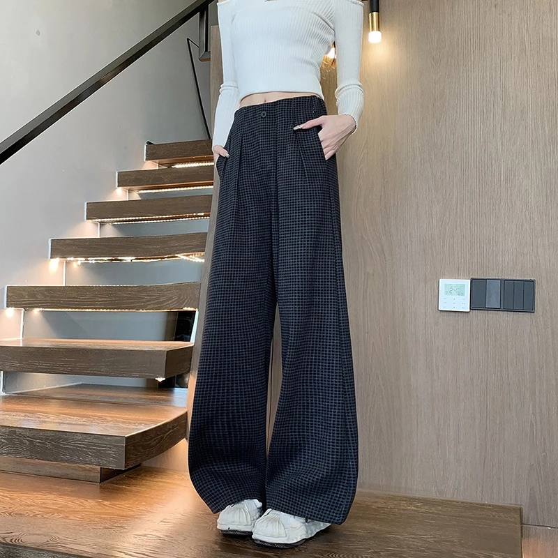 2024加厚冬季新款毛呢提花格子阔腿裤百搭休闲格子裤HMYG-24