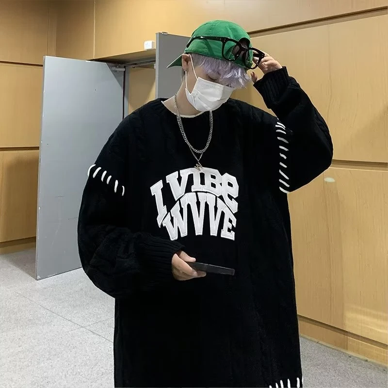 1812-BY春秋潮流套头圆领毛衣男女针织衫宽松休闲百搭上衣打底衫