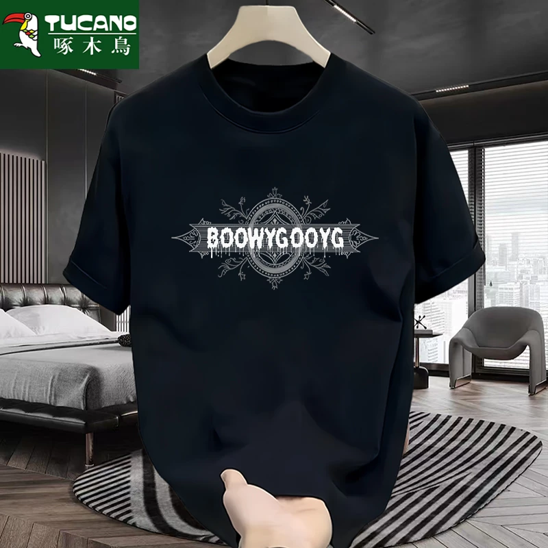 啄木鸟夏季韩版纯棉短袖t恤男士潮流百搭时尚印花宽松半袖男上衣