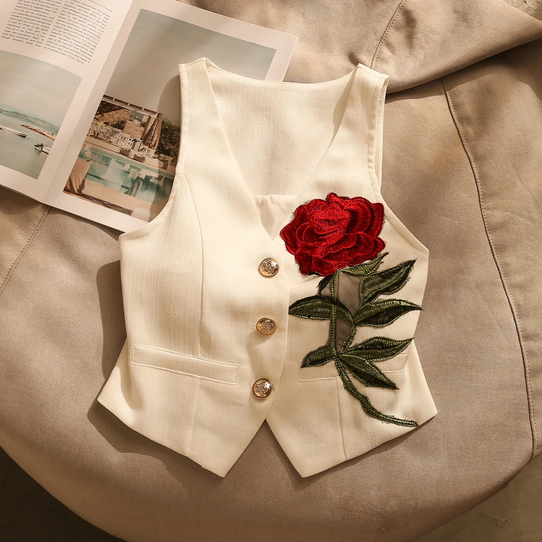 法式玫瑰花刺绣坎肩马甲开衫2025新款设计感别致百搭打底无袖上衣