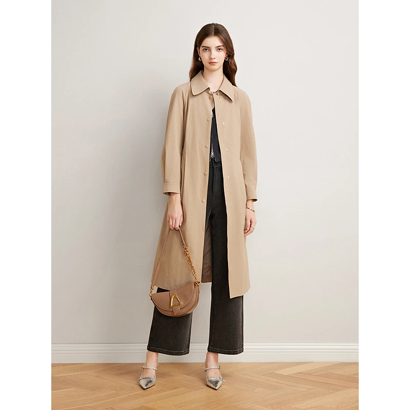 Goodland美地女装2025春款新驼色单排扣系带收腰风衣LC35107030