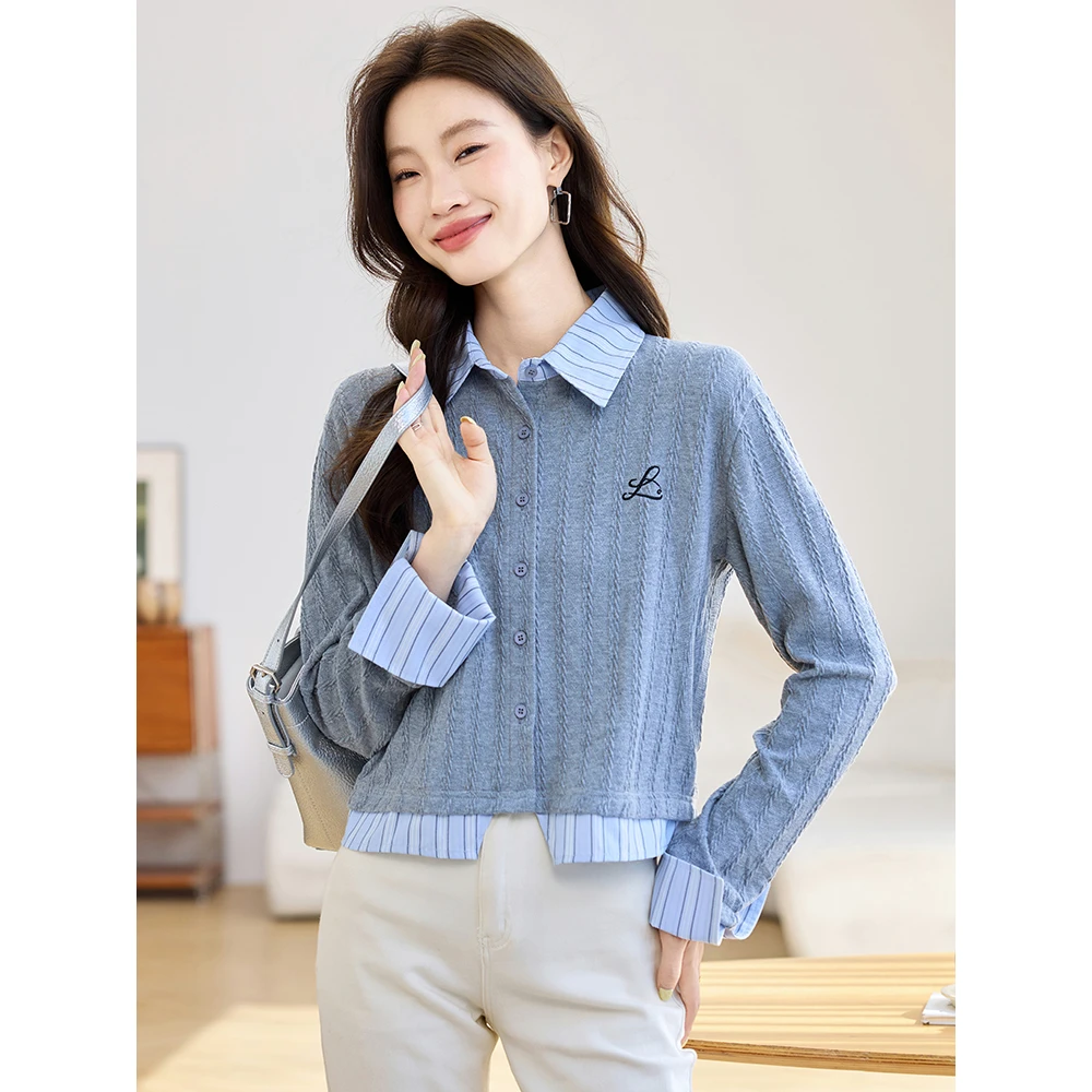 实8962灰色Polo领针织上衣女2025秋装新款刺绣条纹拼接假两件上衣