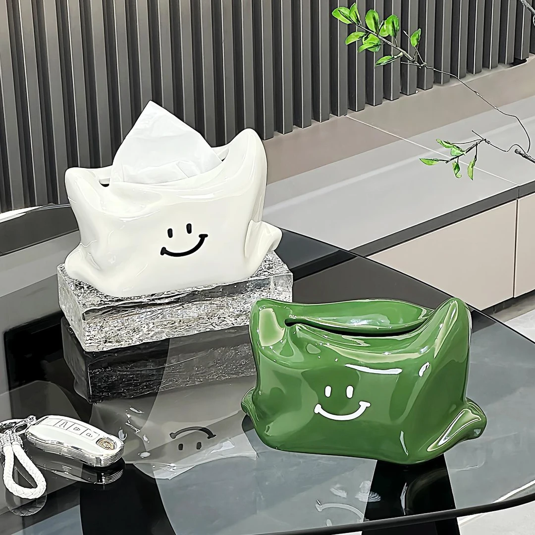 陶瓷微笑纸巾盒摆件创意轻奢可爱抽纸盒奶油风餐巾纸抽盒桌面客厅