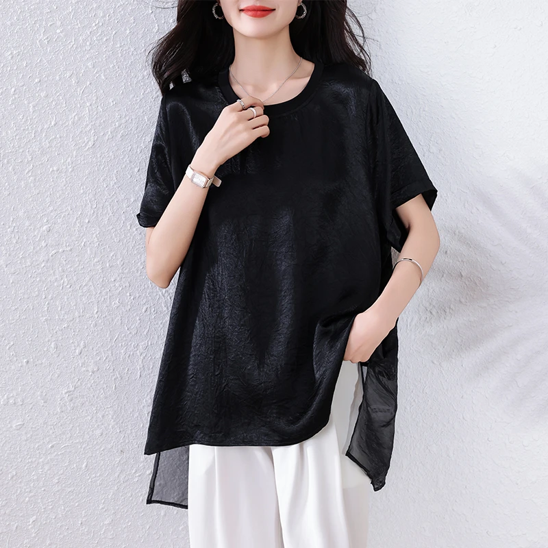 大码女装缎面拼接短袖T恤夏季新款轻薄新款宽松遮肉休闲小衫上衣