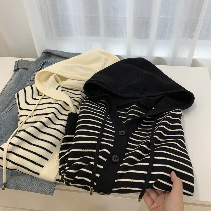 3575条纹针织开衫新款慵懒风宽松显瘦休闲百搭韩版连帽毛衣外套