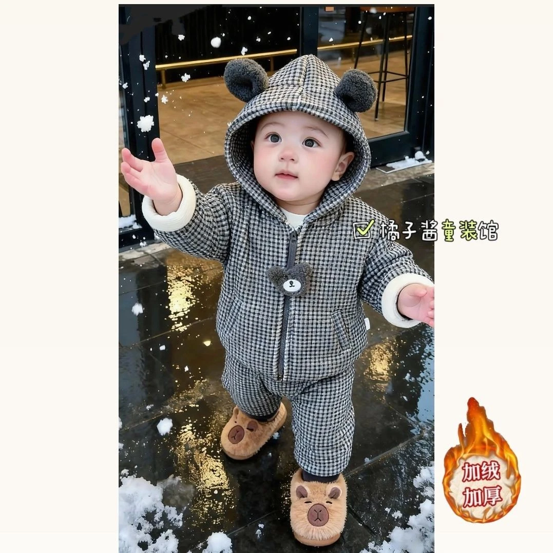 宝宝加绒加厚套装韩版男童家居服三层夹棉超厚睡衣儿童保暖两件套