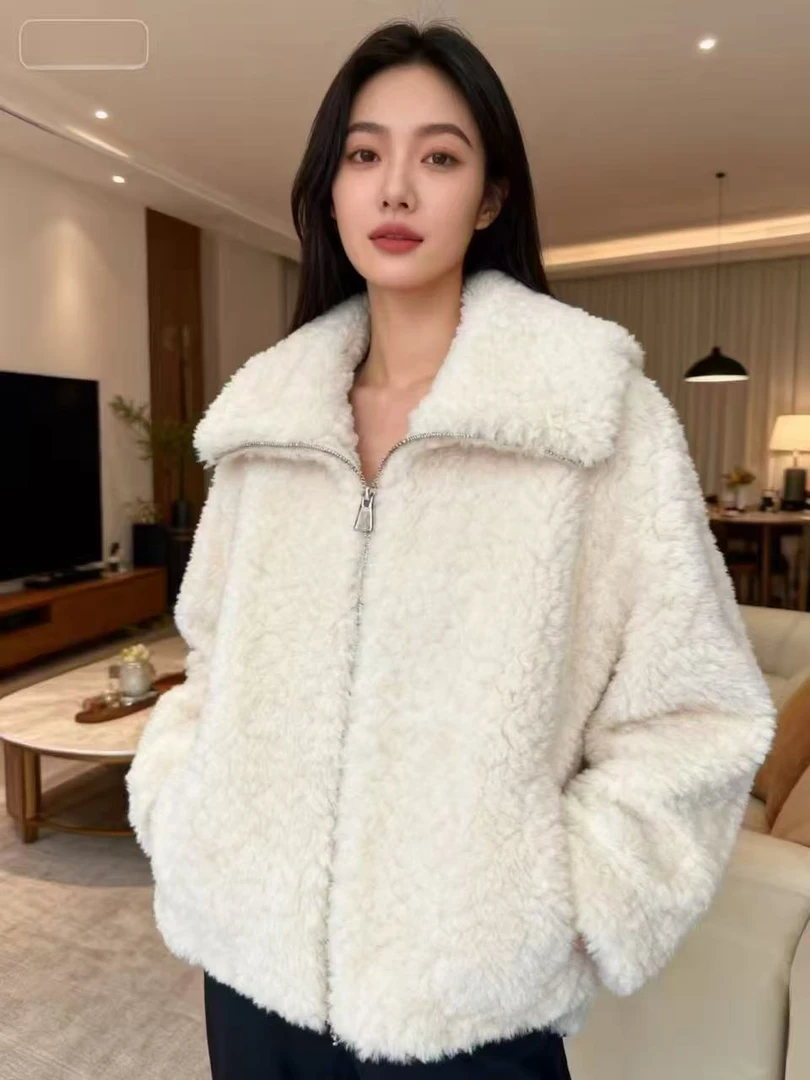 2025秋冬韩系大翻领仿羊羔皮毛一体外套 软糯保暖毛绒短款上衣