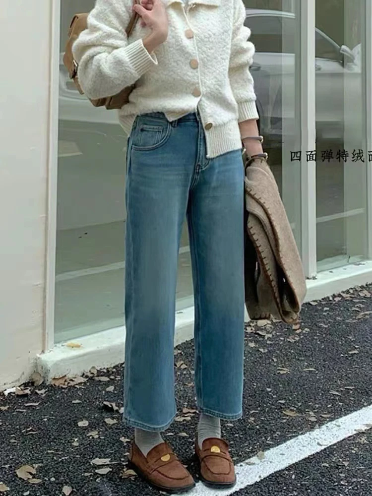SU【866】代A9  愫思   2025冬新款蓝色高腰特绒显瘦九分直筒阔腿裤