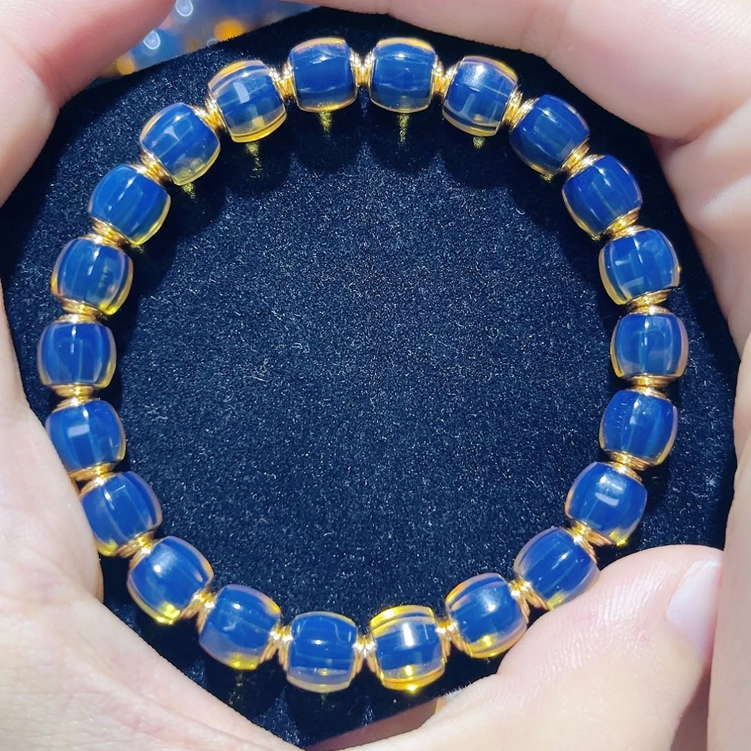 蓝珀银S925镀金镶嵌珠宝奇石8mm墨西哥蓝珀手串