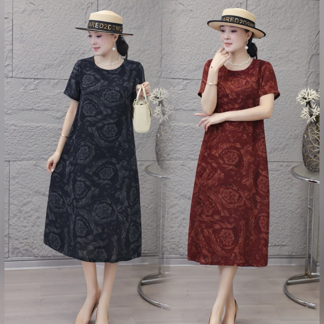 夏季新品圆领花团锦簇亲肤透气短袖休闲连衣裙709#