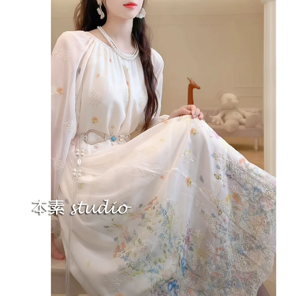 晨露花园C3891刺绣印花腰带圆领连衣裙