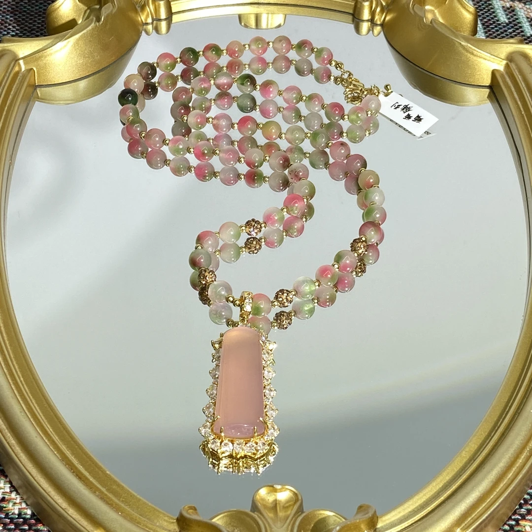 铜合金合成锆石项链  铜合金合成锆石粉色无事牌国风女士项链573