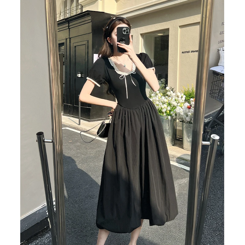2025夏新甜美少女蕾丝大圆领黑色连衣裙女泡泡袖修身显瘦蓬蓬长裙