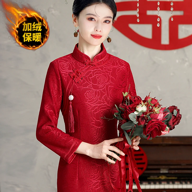 喜婆婆酒红色中式婚礼高贵旗袍双面醋酸缎刺绣改良旗袍女款高端