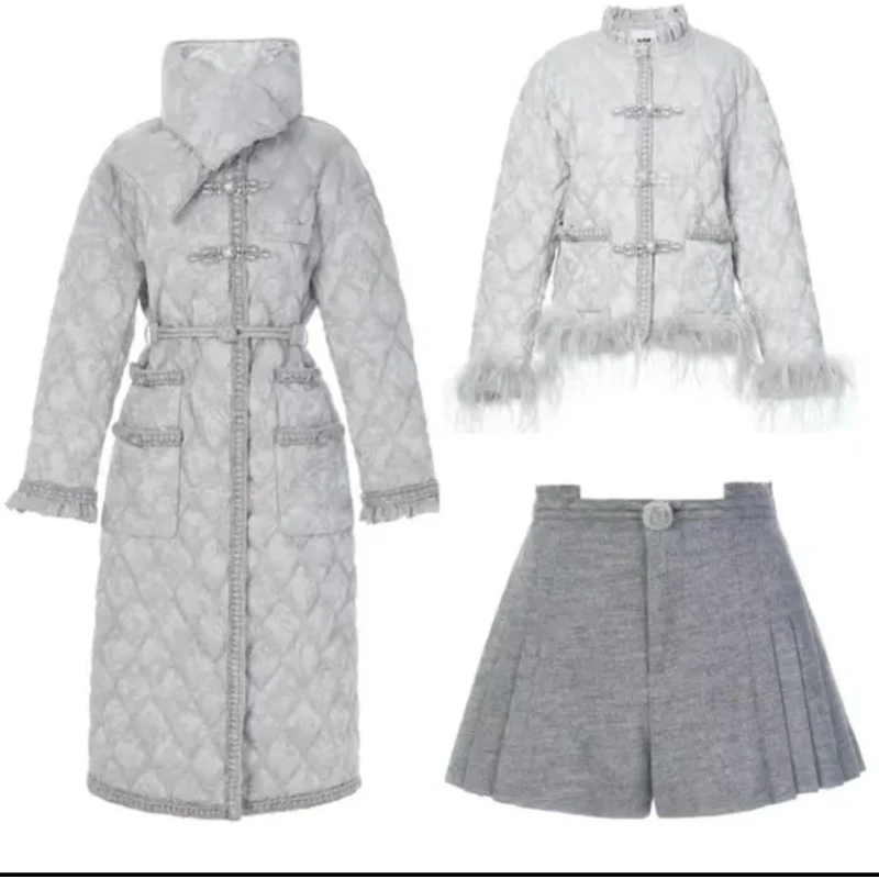 六六专属 挪威星空银灰色高级感刺绣中式中长款收腰羽绒服套装