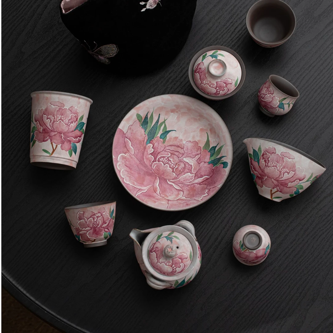 陶安居 老岩泥牡丹手抓壶盖碗功夫茶具