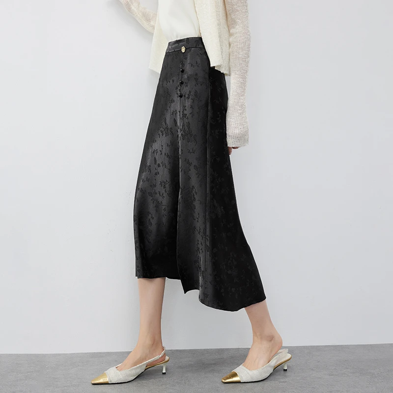 尚都比拉复古新中式缎面提花半身裙女夏季新款国风裙摆开叉A字裙