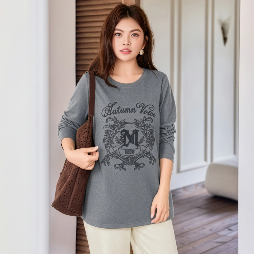 【现货磨毛休闲百搭毛巾刺绣刷毛T恤】MsShe大码女装2025冬A2510020