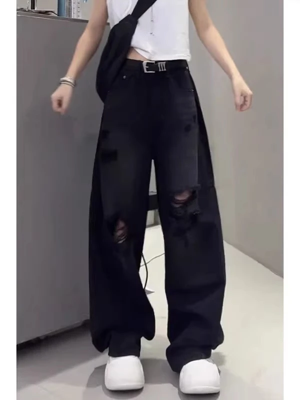 黑色窄版破洞阔腿牛仔裤子女夏季新款拖地裤大码美式弯刀裤直筒裤