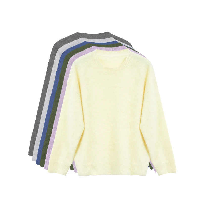 【橙庐】520827拉绒圆领绵羊毛山羊绒针织衫 秋冬女士慵懒松弛时尚