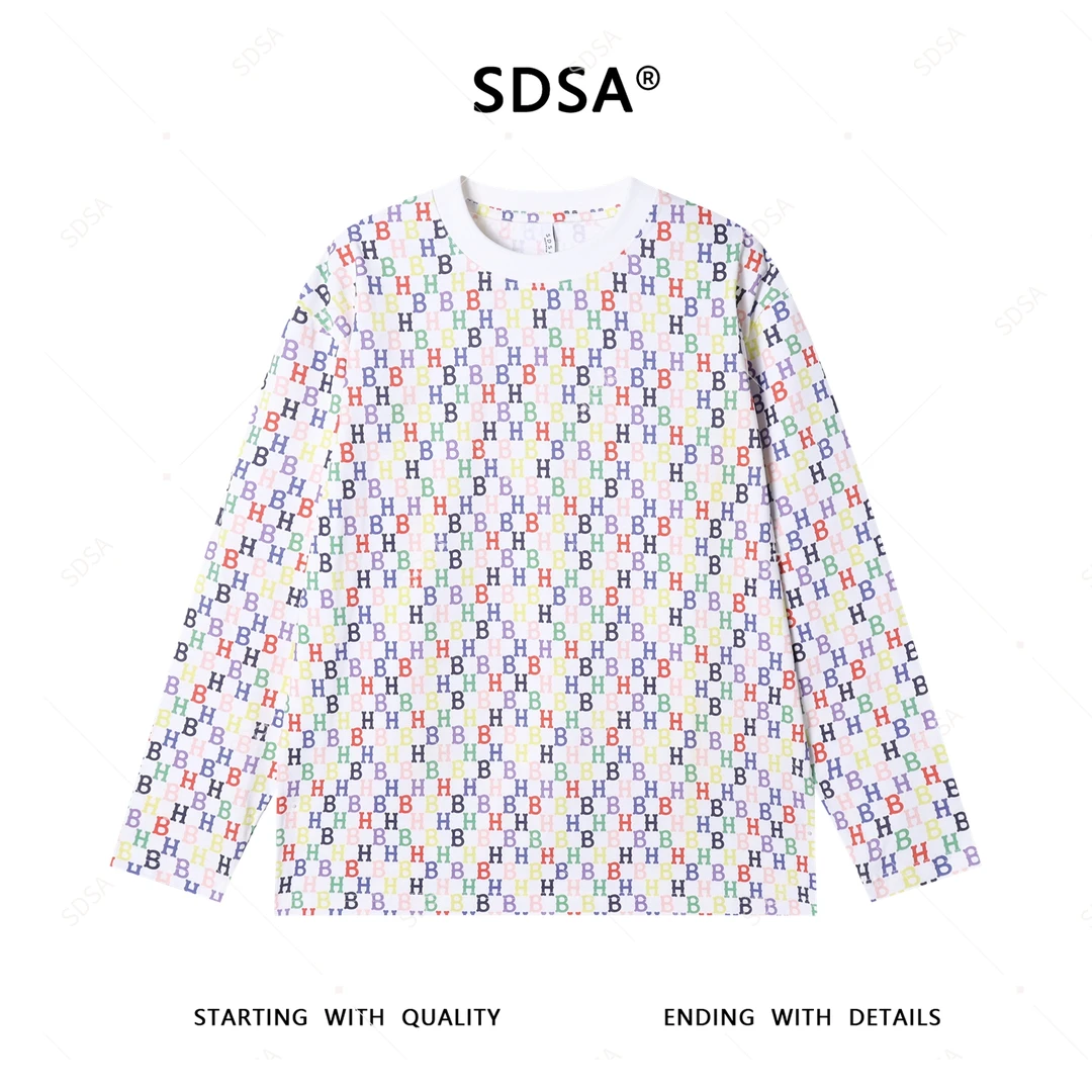SDSA男士2025新款轻奢痞帅男装撞色满印字母圆领长袖T恤宽松时尚