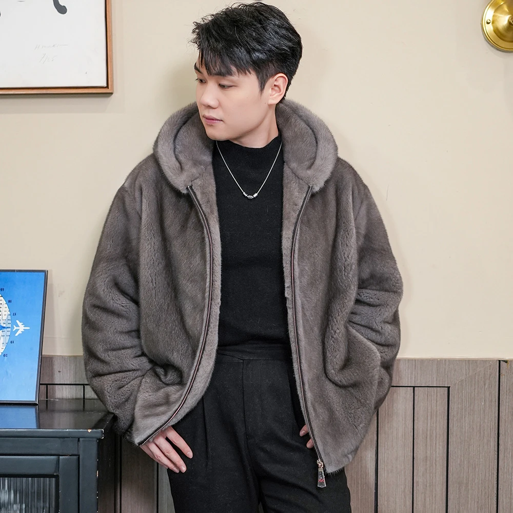 23001铁灰色连帽紫金天鹅绒短二水貂外套拉链男装