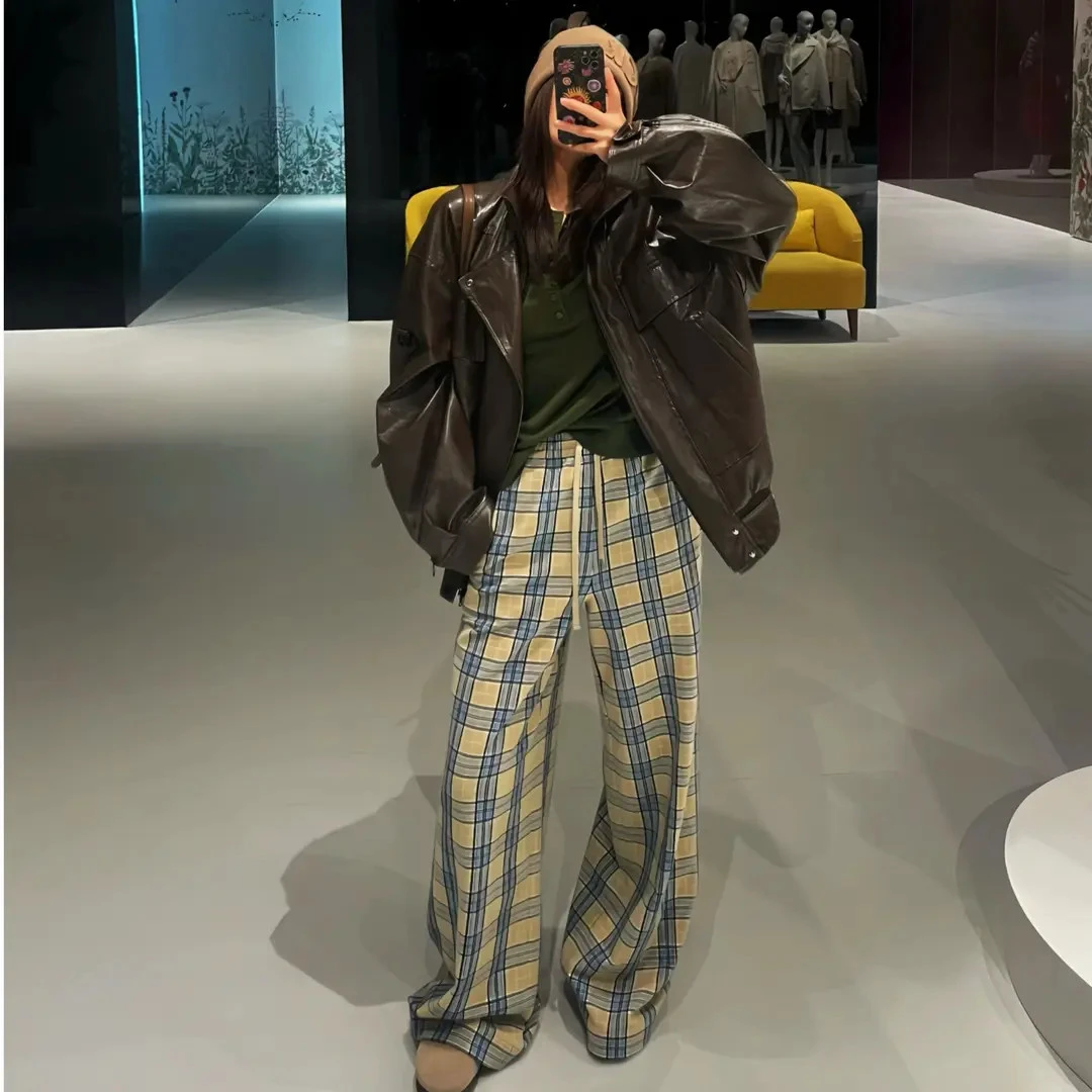 AMASS/阿玛施秋冬经典格纹复古时尚磨毛高腰抽绳阔腿裤   5100552