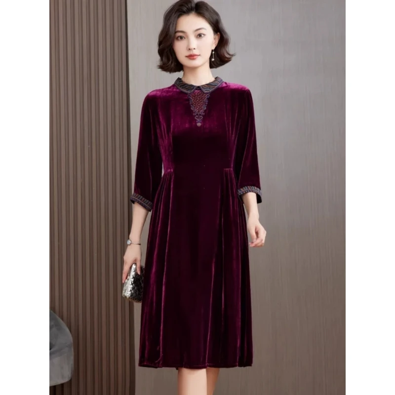 丝绒真丝连衣裙高端喜婆婆婚宴装礼服秋冬桑蚕丝金丝绒高贵真丝绒