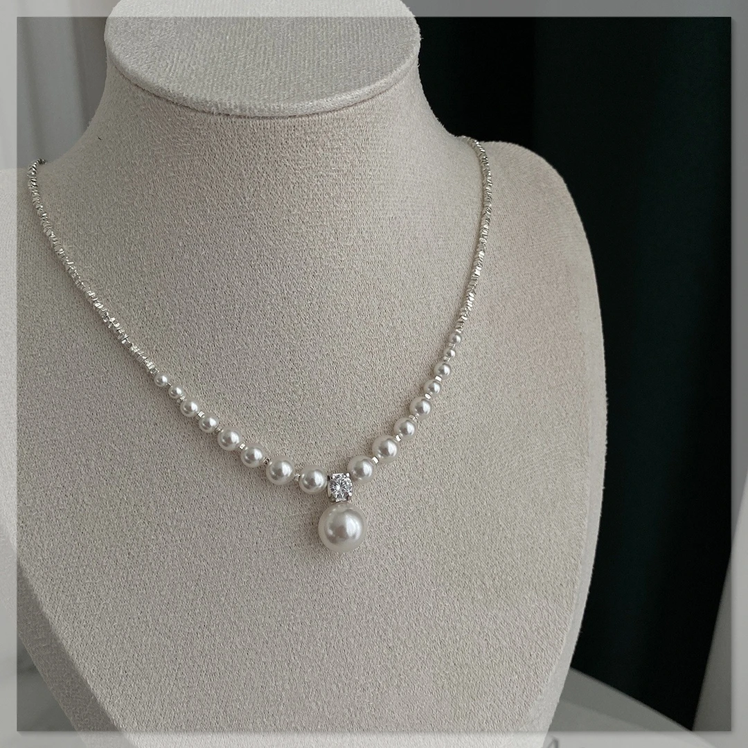 吊坠925银 加长款碎银子珍珠项链时尚镶钻珍珠锁骨链轻奢王妃吊坠
