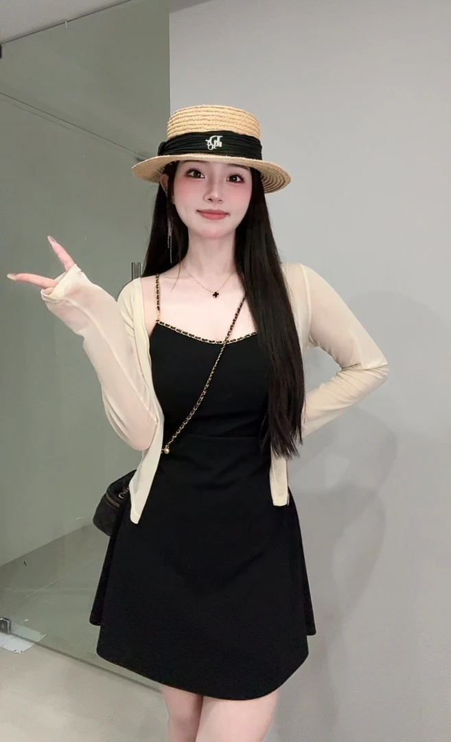 【现货】胖mm气质吊带连衣裙开衫两件套显瘦遮肉纯欲黑色裙子07015