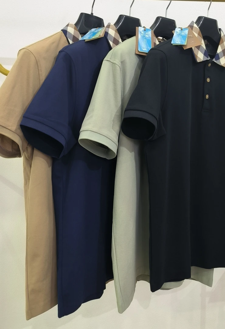 （D108）男装经典翻领螺纹领格子短袖POLO衫