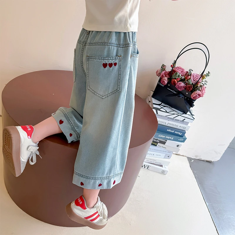 夏季新款爱心阔腿牛仔裤2025年韩版女童校园九分直筒裤童潮