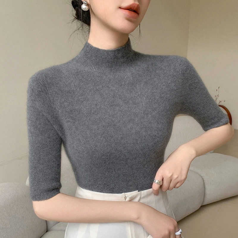 羊毛打底衫女半高领套头针织半袖新款时尚百搭中袖修身显瘦羊毛衫