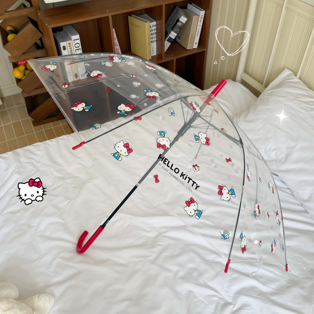 可爱凯蒂猫长柄透明雨伞卡通折叠儿童ins全自动三折便携加厚学生