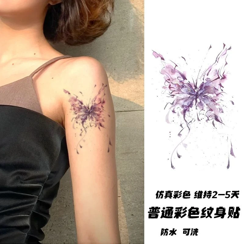 梦幻粉紫系蝴蝶 彩色纹身贴ins纯欲风锁骨手臂高颜值甜酷辣妹彩绘