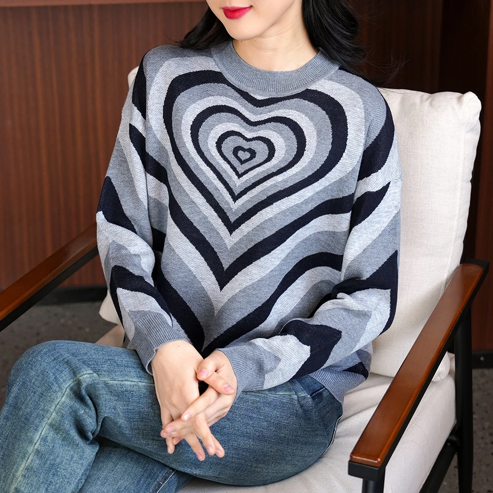 【春季上新】CD280黑色轻奢小香风别致撞色爱心设计感套头针织衫